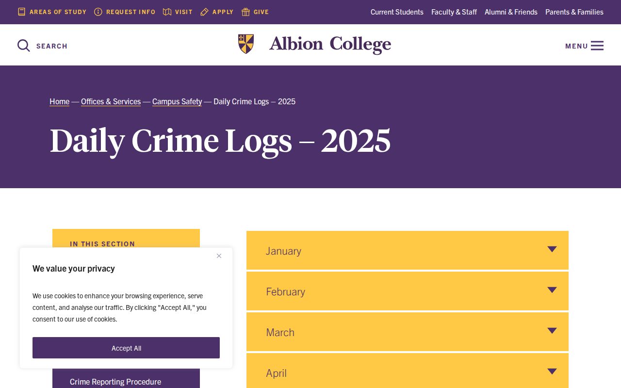 Albion College Campus Safety daily crime log page