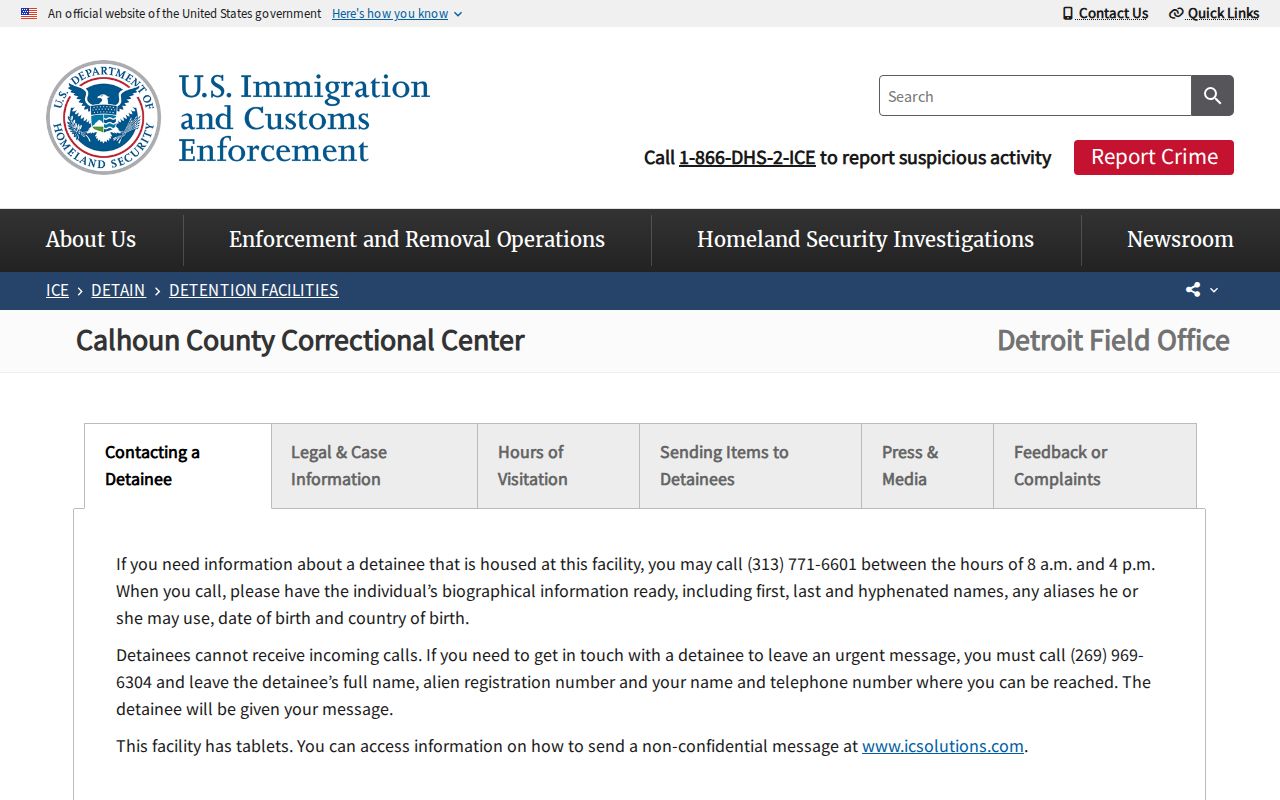 Calhoun County federal detention facility information