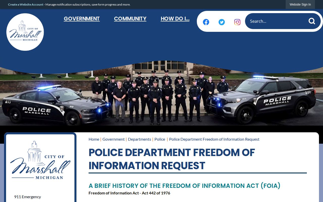 Marshall Police Department Freedom of Information request page