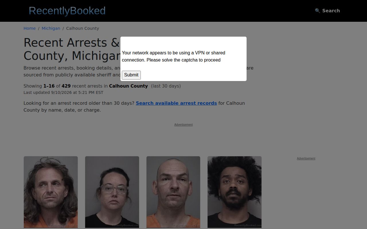 Unofficial Calhoun County recent arrest index