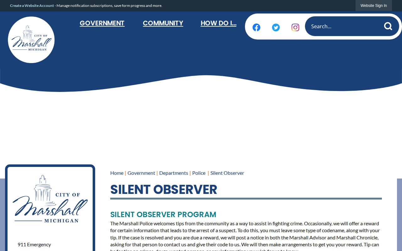 Marshall Silent Observer official anonymous tip page